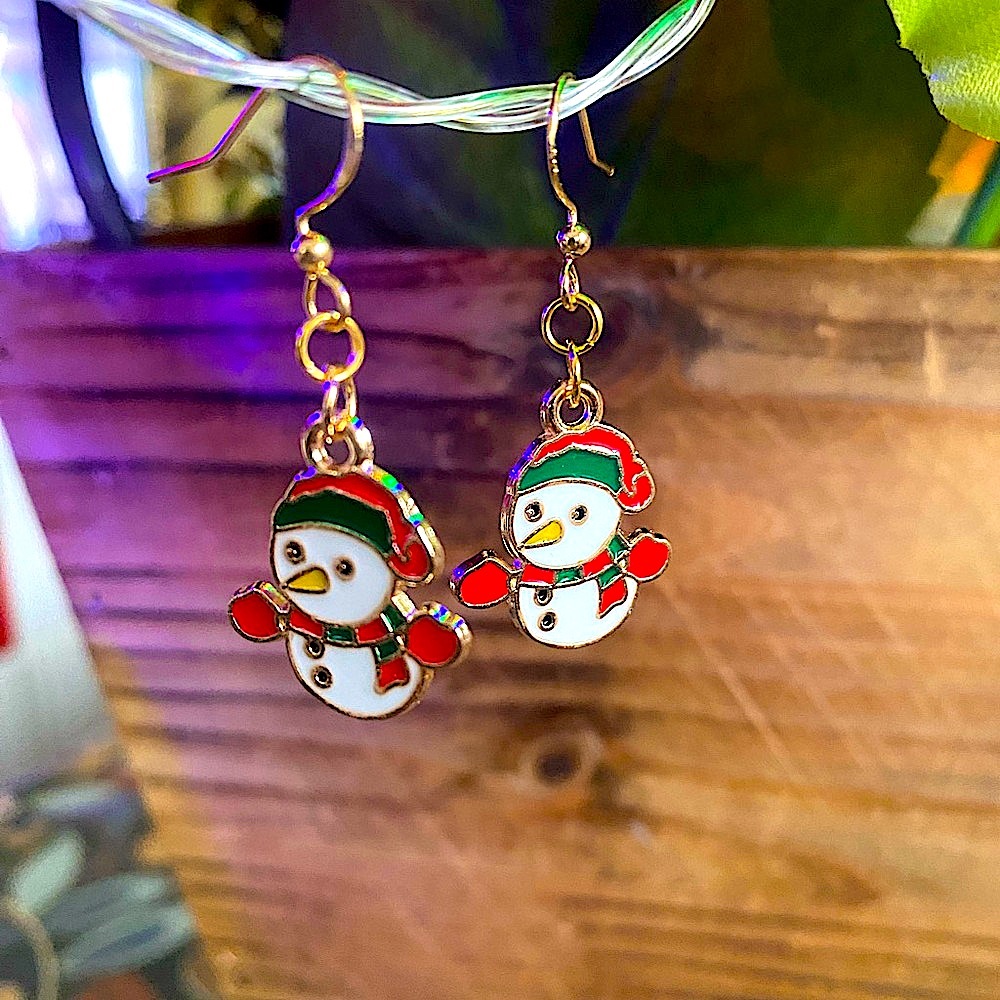 Festive Snowman enamel Earrings white green red gold